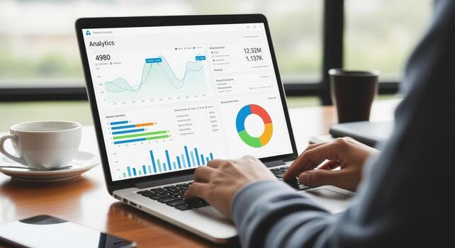 Sleek laptop showing professional financial and business analytics dashboard